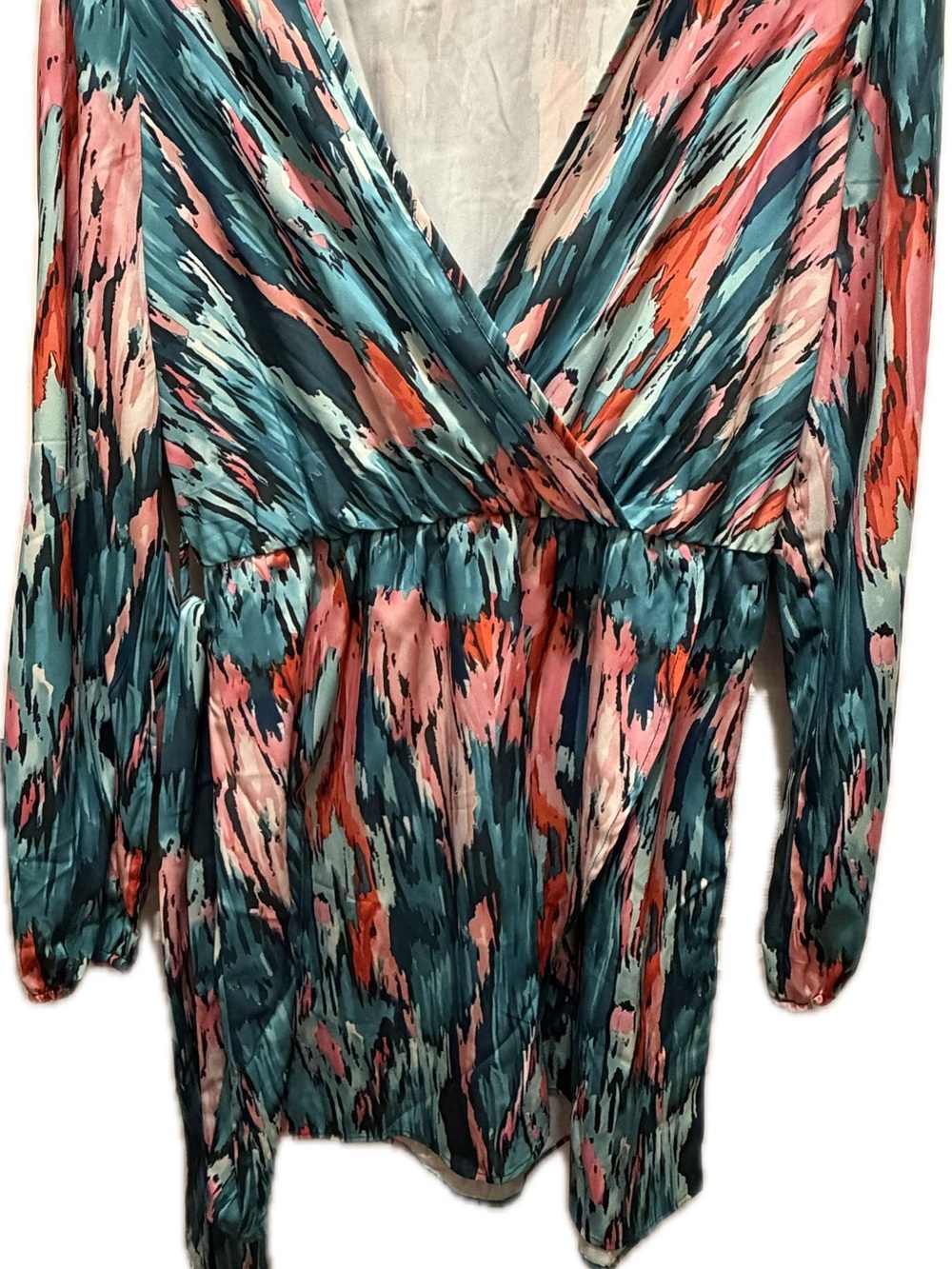 SHEIN Teal Coral Pink Cream Printed Wrap Dress